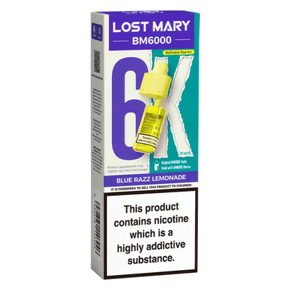 Lost Mary BM6000 prefilled vape pods in Blue Razz Lemonade flavor, designed with a sleek and ergonomic body, rechargeable battery via USB-C, built-in mesh coil for enhanced flavor, and offering up to 6000 puffs for a smooth, long-lasting vaping experience.