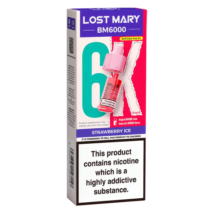 Lost Mary BM6000 prefilled vape pods in Strawberry Ice flavor, designed with a sleek and ergonomic body, rechargeable battery via USB-C, built-in mesh coil for enhanced flavor, and offering up to 6000 puffs for a smooth, long-lasting vaping experience.