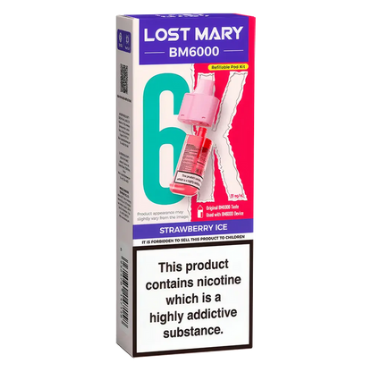 Lost Mary BM6000 prefilled vape pods in Strawberry Ice flavor, designed with a sleek and ergonomic body, rechargeable battery via USB-C, built-in mesh coil for enhanced flavor, and offering up to 6000 puffs for a smooth, long-lasting vaping experience.