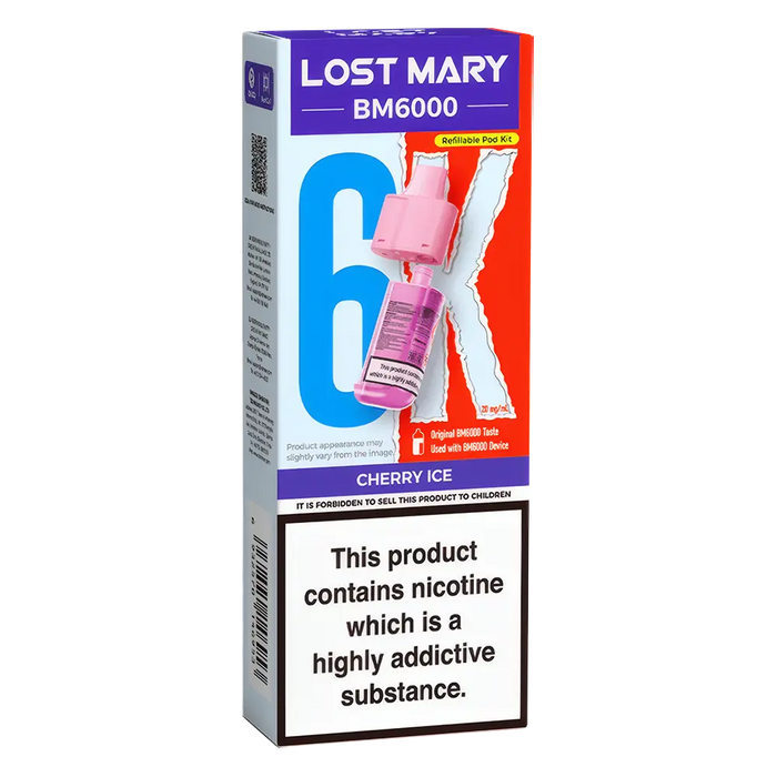 Lost Mary BM6000 prefilled vape pods in Cherry Ice flavor, designed with a sleek and ergonomic body, rechargeable battery via USB-C, built-in mesh coil for enhanced flavor, and offering up to 6000 puffs for a smooth, long-lasting vaping experience.