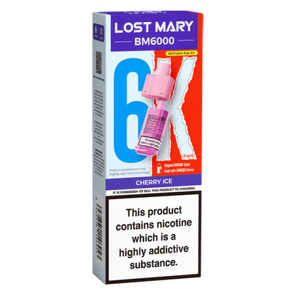 Lost Mary BM6000 prefilled vape pods in Cherry Ice flavor, designed with a sleek and ergonomic body, rechargeable battery via USB-C, built-in mesh coil for enhanced flavor, and offering up to 6000 puffs for a smooth, long-lasting vaping experience.