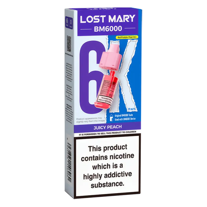 Lost Mary BM6000 prefilled vape pods in Juicy Peach flavor, designed with a sleek and ergonomic body, rechargeable battery via USB-C, built-in mesh coil for enhanced flavor, and offering up to 6000 puffs for a smooth, long-lasting vaping experience.