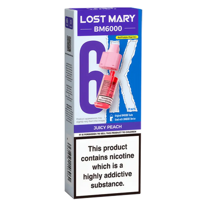 Lost Mary BM6000 prefilled vape pods in Juicy Peach flavor, designed with a sleek and ergonomic body, rechargeable battery via USB-C, built-in mesh coil for enhanced flavor, and offering up to 6000 puffs for a smooth, long-lasting vaping experience.