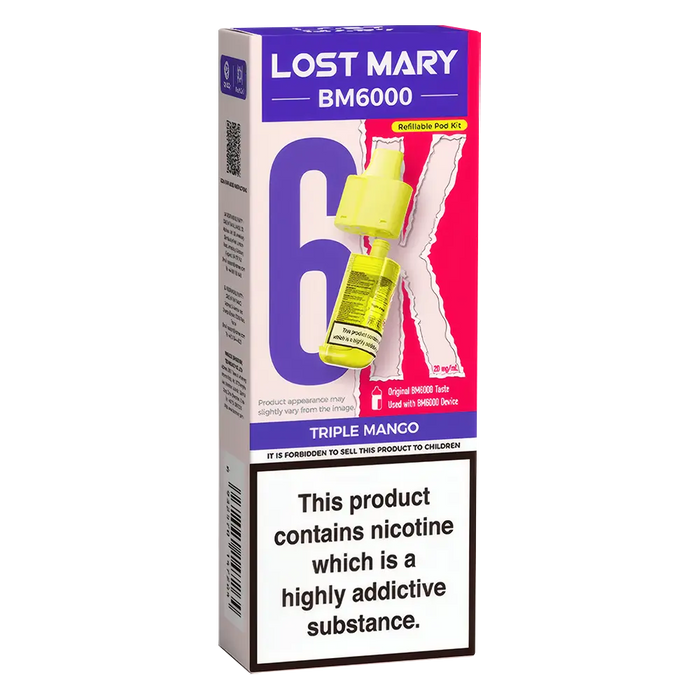 Lost Mary BM6000 prefilled vape pods in Triple Mango flavor, designed with a sleek and ergonomic body, rechargeable battery via USB-C, built-in mesh coil for enhanced flavor, and offering up to 6000 puffs for a smooth, long-lasting vaping experience.