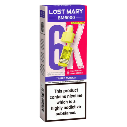Lost Mary BM6000 prefilled vape pods in Triple Mango flavor, designed with a sleek and ergonomic body, rechargeable battery via USB-C, built-in mesh coil for enhanced flavor, and offering up to 6000 puffs for a smooth, long-lasting vaping experience.