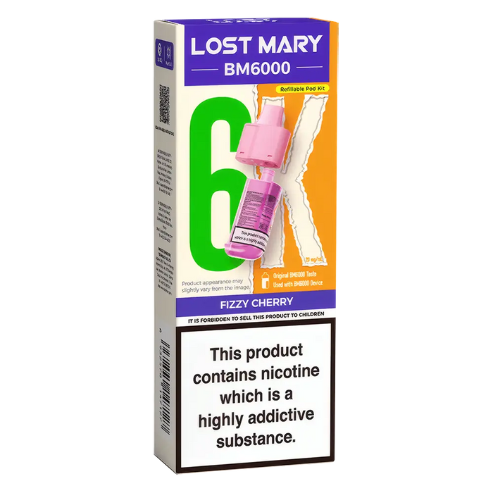 Lost Mary BM6000 prefilled vape pods in Fizzy Cherry flavor, designed with a sleek and ergonomic body, rechargeable battery via USB-C, built-in mesh coil for enhanced flavor, and offering up to 6000 puffs for a smooth, long-lasting vaping experience.