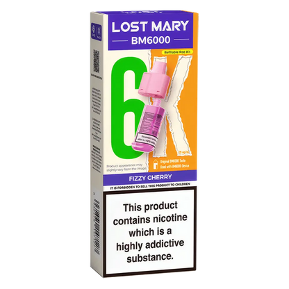 Lost Mary BM6000 prefilled vape pods in Fizzy Cherry flavor, designed with a sleek and ergonomic body, rechargeable battery via USB-C, built-in mesh coil for enhanced flavor, and offering up to 6000 puffs for a smooth, long-lasting vaping experience.
