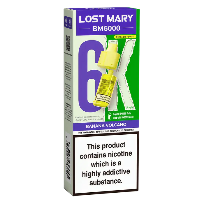 Lost Mary BM6000 prefilled vape pods in Banana Volcano flavor, designed with a sleek and ergonomic body, rechargeable battery via USB-C, built-in mesh coil for enhanced flavor, and offering up to 6000 puffs for a smooth, long-lasting vaping experience. 