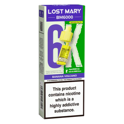 Lost Mary BM6000 prefilled vape pods in Banana Volcano flavor, designed with a sleek and ergonomic body, rechargeable battery via USB-C, built-in mesh coil for enhanced flavor, and offering up to 6000 puffs for a smooth, long-lasting vaping experience. 