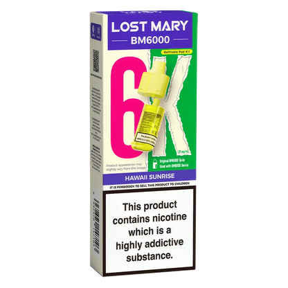 Lost Mary BM6000 prefilled vape pods in Hawaii Sunrise flavor, designed with a sleek and ergonomic body, rechargeable battery via USB-C, built-in mesh coil for enhanced flavor, and offering up to 6000 puffs for a smooth, long-lasting vaping experience.