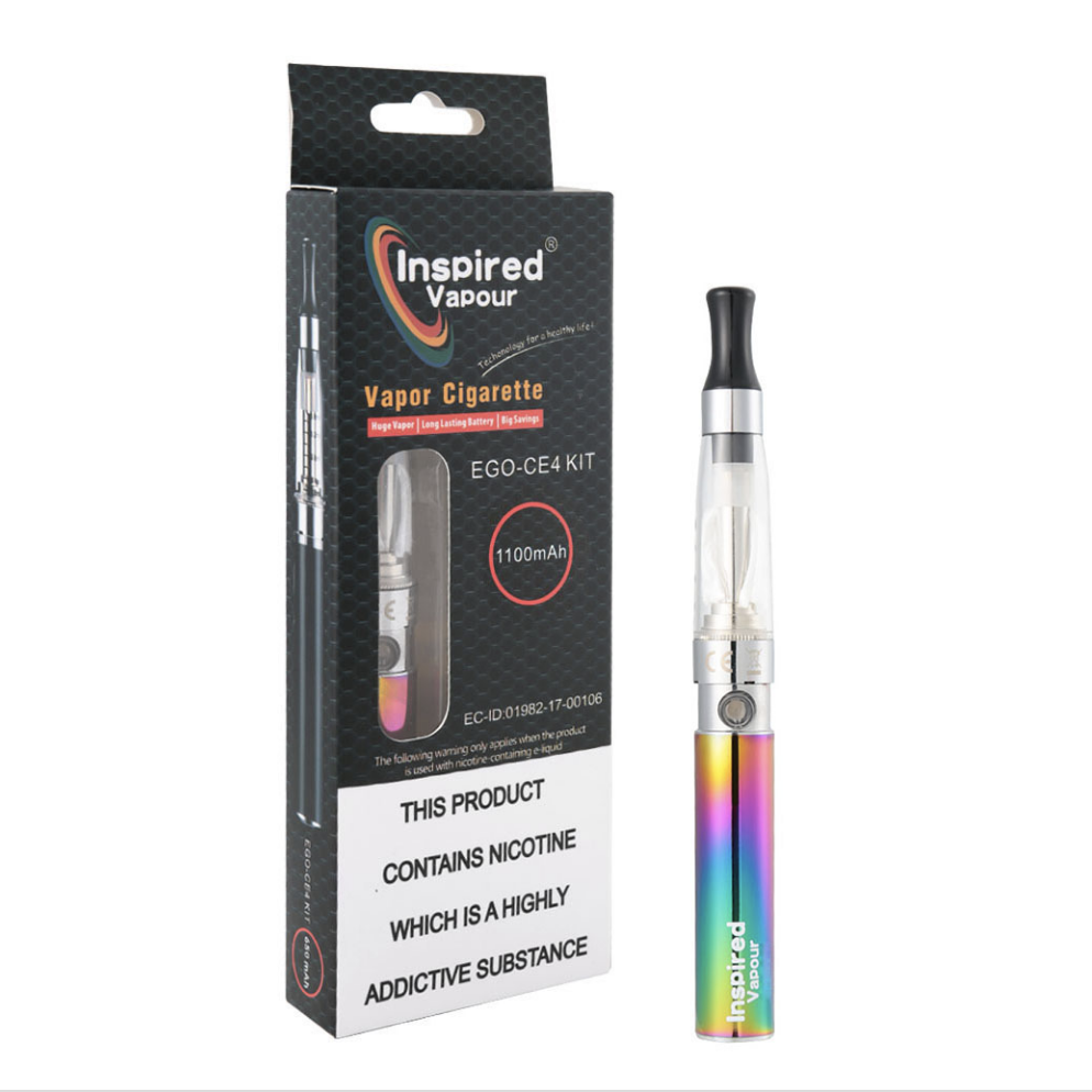 Inspired Vapour EGO CE4 Vape Pen Starter Kit in Rainbow – 1100mAh e-cig kit with refillable atomiser, ideal for beginners.