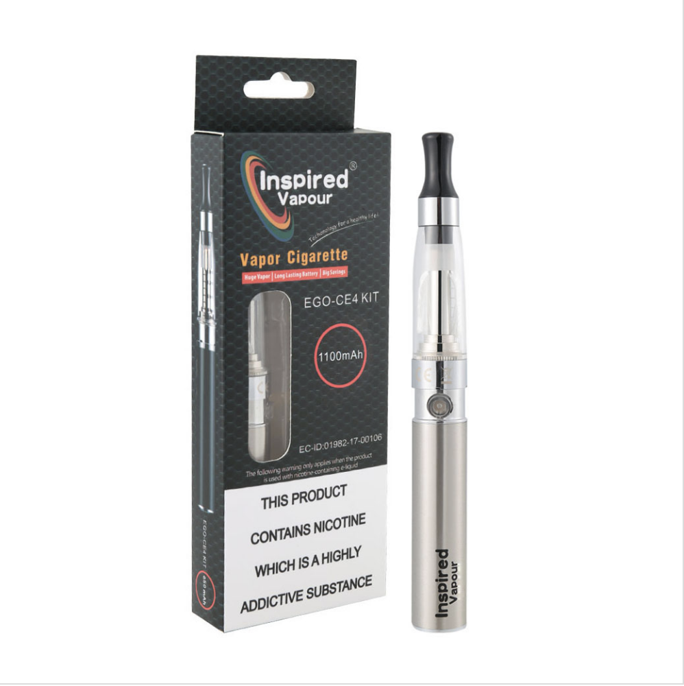 Inspired Vapour EGO CE4 Vape Pen Starter Kit in Stainless Steel – 1100mAh e-cig kit with refillable atomiser, ideal for beginners.