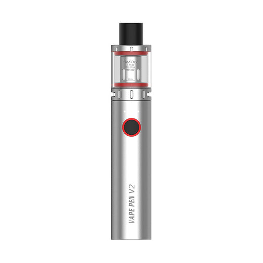 Smok Vape Pen V2 Starter Kit in Stainless Steel – a sleek and user-friendly vape pen with 1600mAh battery, direct output, and mesh coil for rich flavor and vapor production.