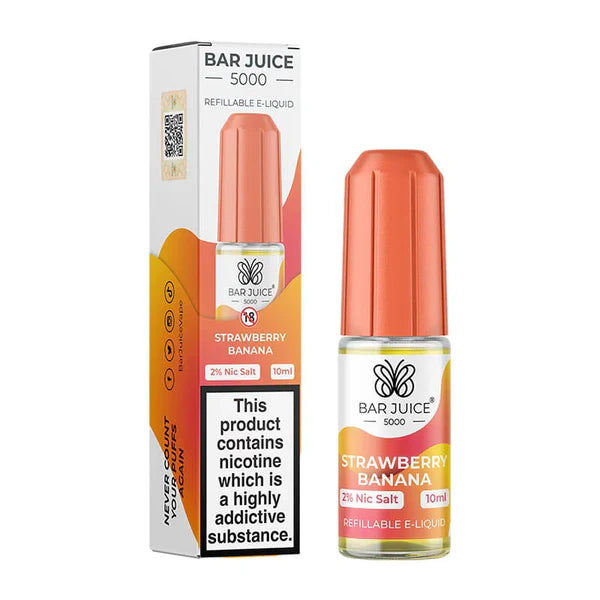 The image shows a product packaging for Bar Juice 5000 e-liquid in Strawberry Banana flavor. The packaging is predominantly orange and white with text and graphics describing the product as a refillable vape juice with 5000mg nicotine content, 10ml volume, and strawberry and banana flavors.