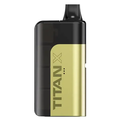 Titan X Prefilled Pod Kit in Banana Ice flavor, a sleek and easy-to-use disposable vape delivering creamy banana sweetness with an icy menthol finish; prefilled with smooth nicotine salt e-liquid for a satisfying and convenient vaping experience.