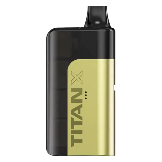 Titan X Prefilled Pod Kit in Banana Ice flavor, a sleek and easy-to-use disposable vape delivering creamy banana sweetness with an icy menthol finish; prefilled with smooth nicotine salt e-liquid for a satisfying and convenient vaping experience.