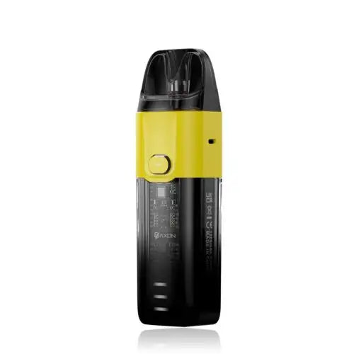 Vaporesso Luxe X Pod Vape Kit in Yellow – stylish and futuristic pod system with a transparent black finish, built-in 1500mAh battery, COREX mesh coil technology, and adjustable airflow for versatile vaping.